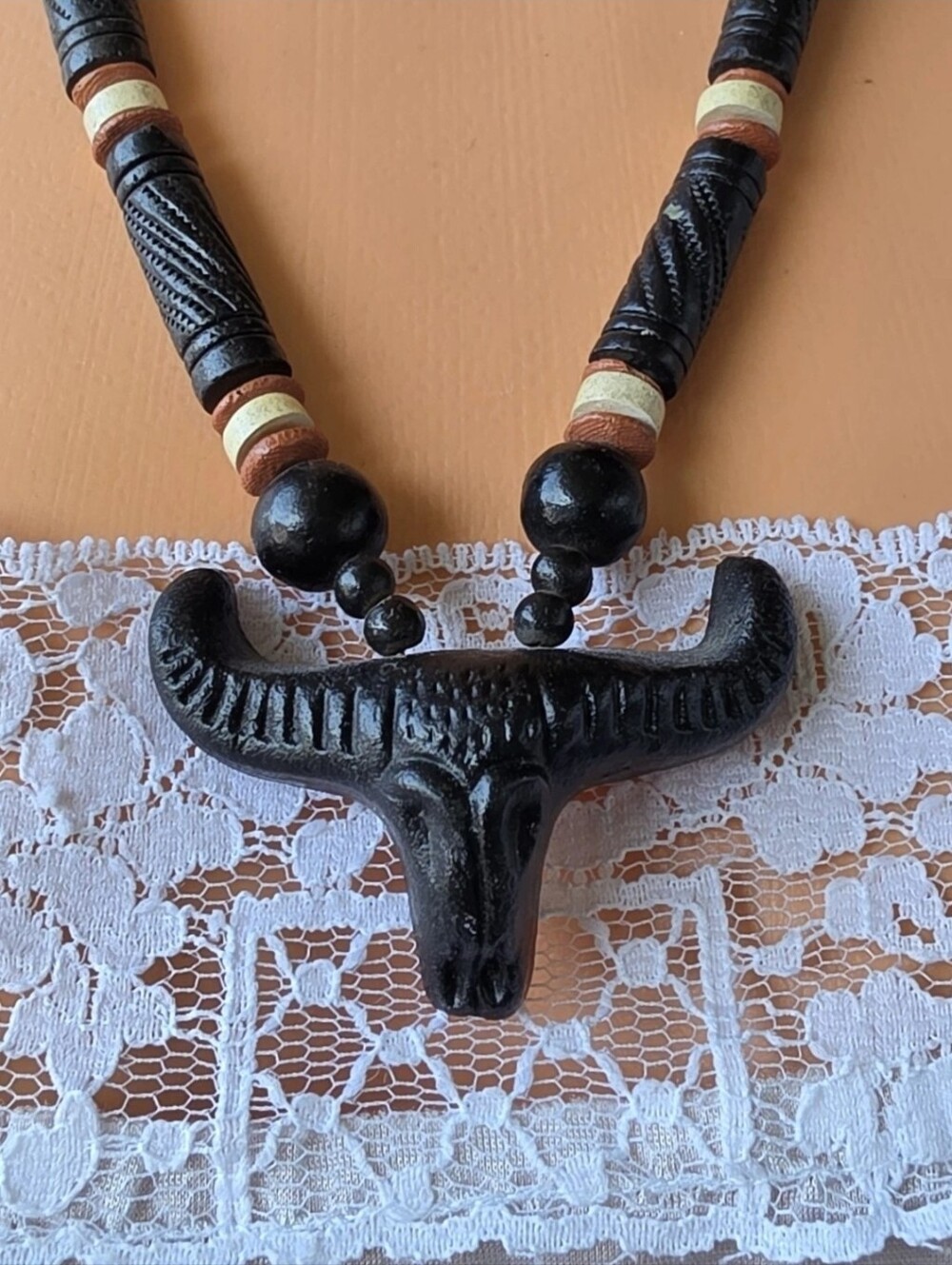 Vintage Handcrafted Southwestern Bull Skull Pendant Necklace Tribal Wood Beads